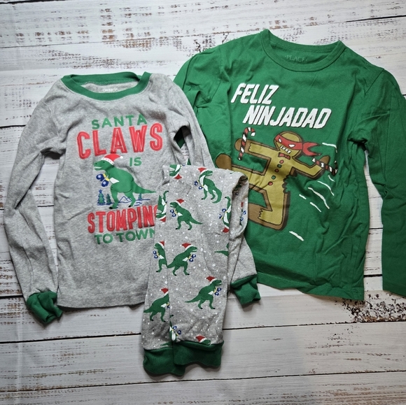 Carters Snug Fit Dinosaur Christmas PJs pajamas + CP long sleeve Ninja t-shirt 6 - Picture 1 of 9